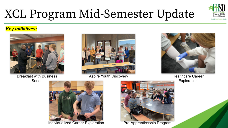 An image of a presentation slide titled "XCL Program Mid-Semester Update" with photos of career exploration activities